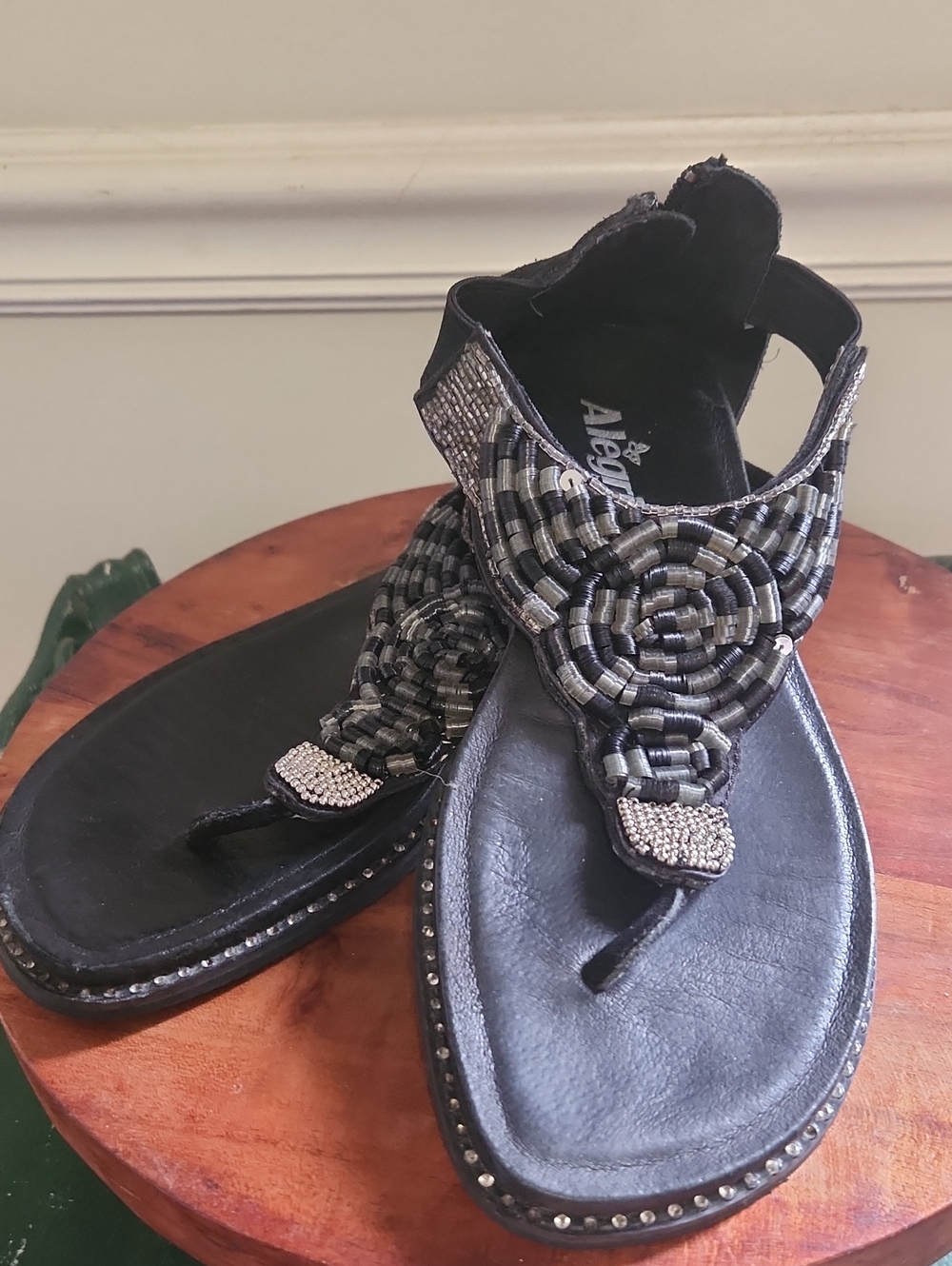 Alegria Black Beaded Thong Sandals with Rhinestone Accent